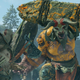 The God of War fights a horned monster carrying a giant slab of rock with yellow runes etched into it.